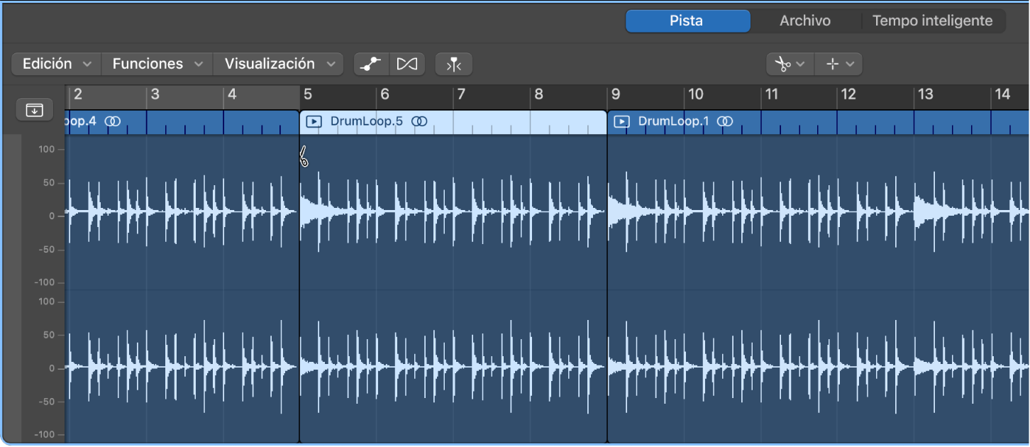 Ilustración. Se está dividiendo un pasaje en el editor de pistas de audio con la herramienta Tijeras.