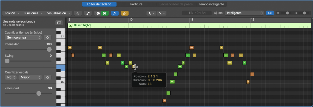 Ilustración. Se está editando un evento de nota MIDI en el editor de teclado.