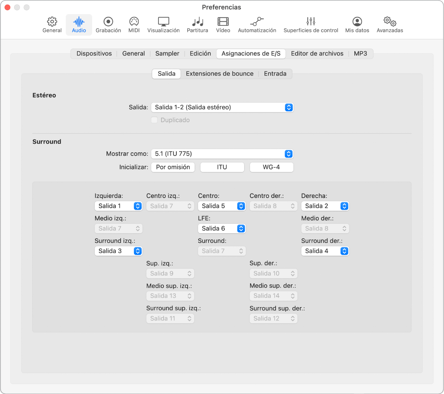 Ilustración. Panel “Asignaciones de E/S” en el panel de preferencias Audio.