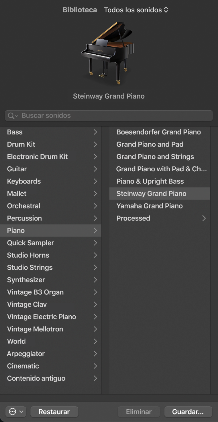Ilustración. Biblioteca con la categoría Piano y un patch de piano de cola seleccionado.
