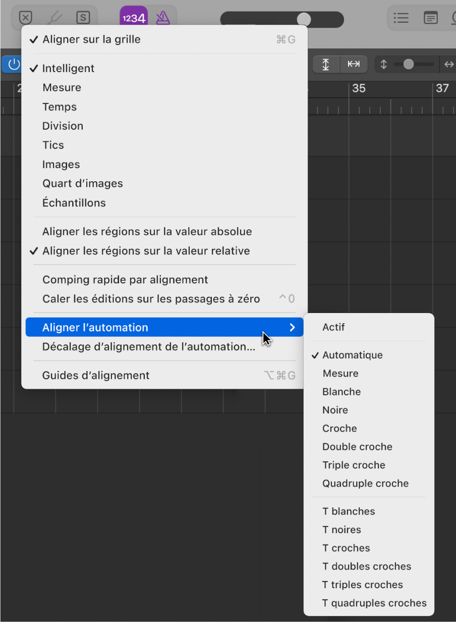 Figure. Pointeur placé sur la commande du menu local Aligner l’automation.