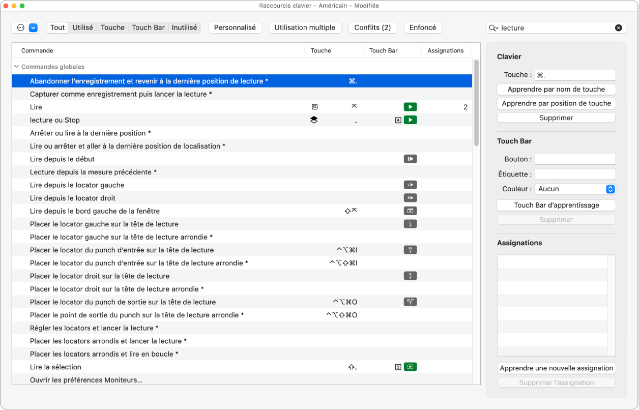 Figure. Suppression d’une assignation de raccourci clavier :