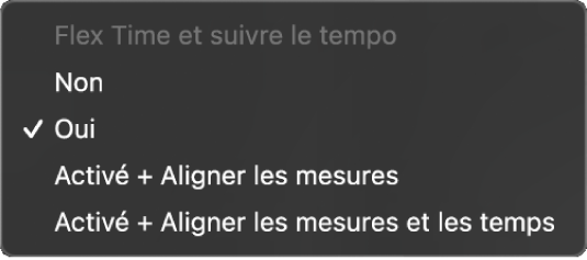 Figure. Menu local « Flex et suivre » dans l’inspecteur de piste montrant les choix proposés.