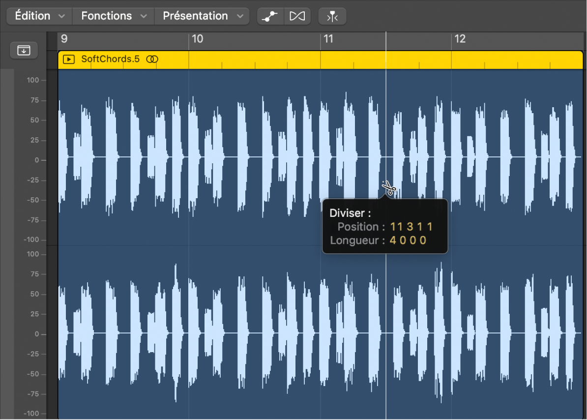 Figure. Modification d’une région audio dans l’éditeur de piste audio.