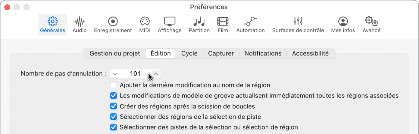 Figure. Champ « Nombre d’annulations possibles » dans la sous-fenêtre Édition des préférences Général.