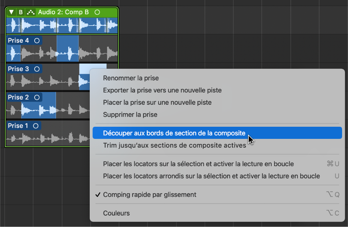 Figure. Sélection de « Découper aux bords de section de la composite » dans le menu contextuel.