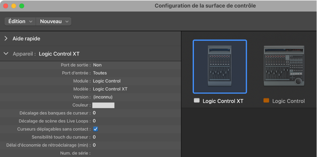 Figure. Fenêtre de configuration des surfaces de contrôle affichant un groupe de surfaces de contrôle.