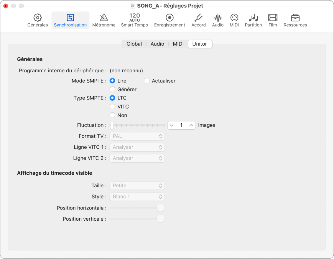 Figure. Réglages de synchronisation Unitor.