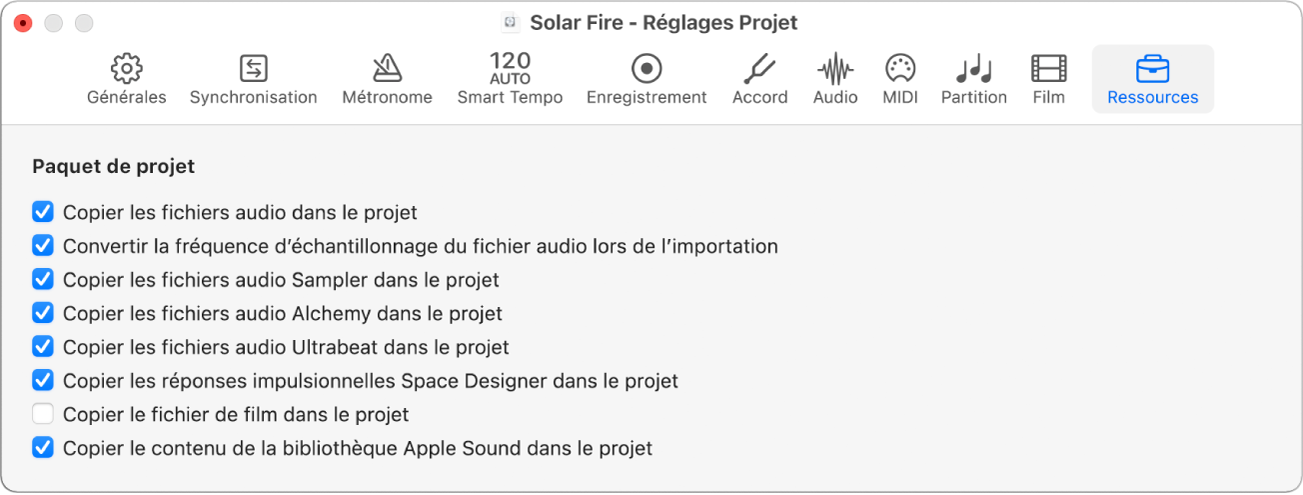 Figure. Sous-fenêtre Ressources dans les réglages du projet