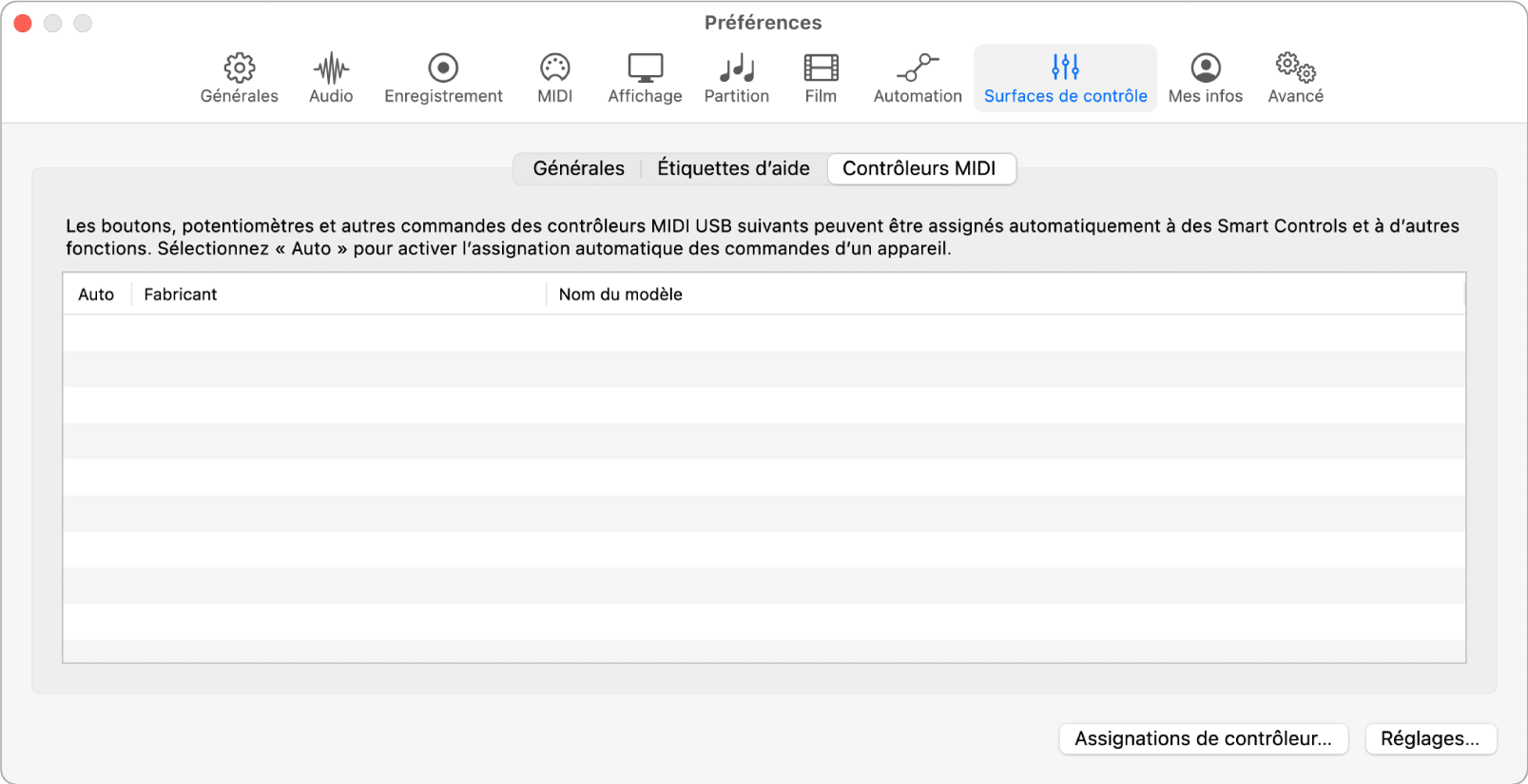 Figure. Préférences des contrôleurs MIDI de Logic Pro