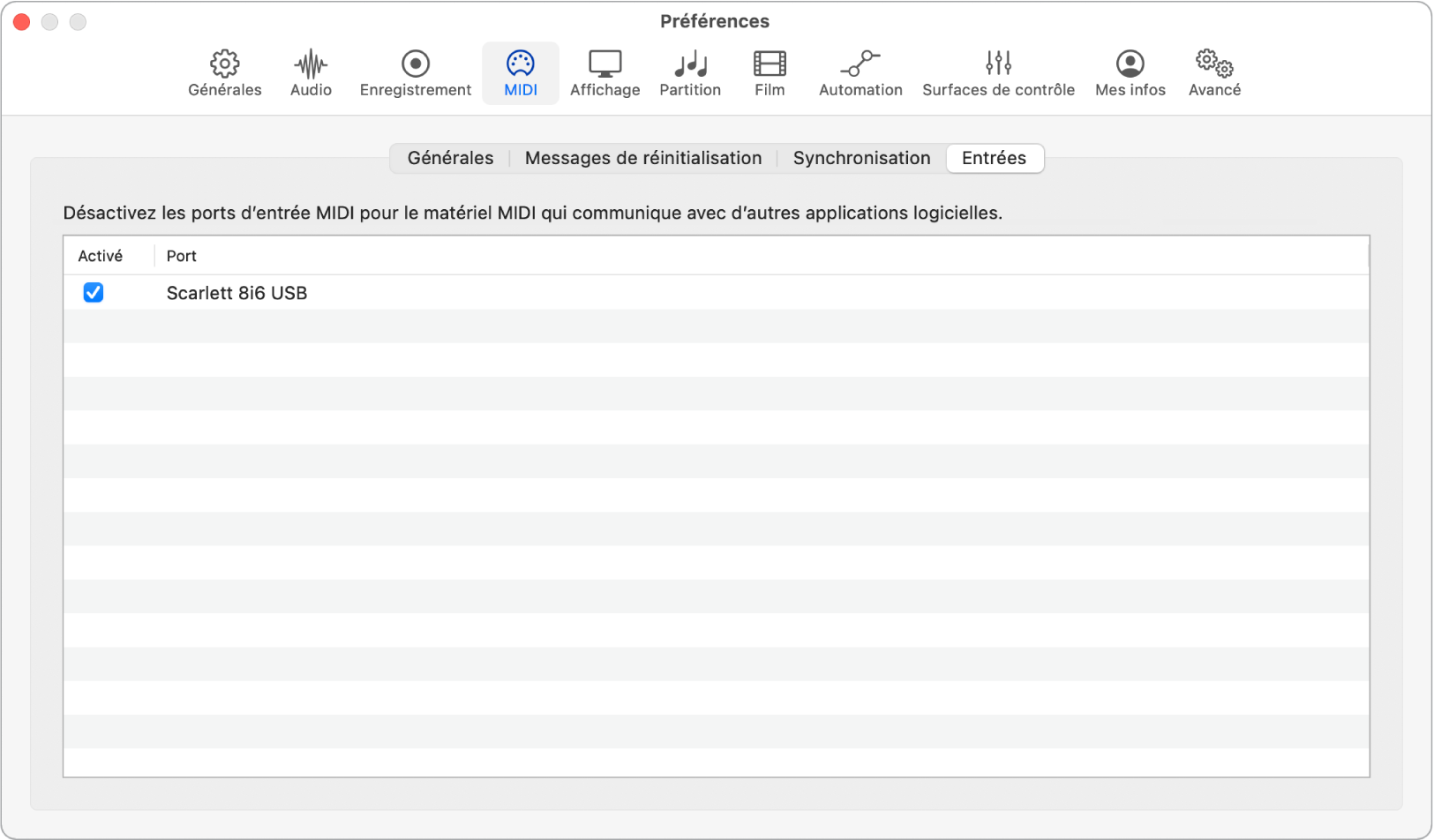 Figure. Préférences Entrées MIDI.