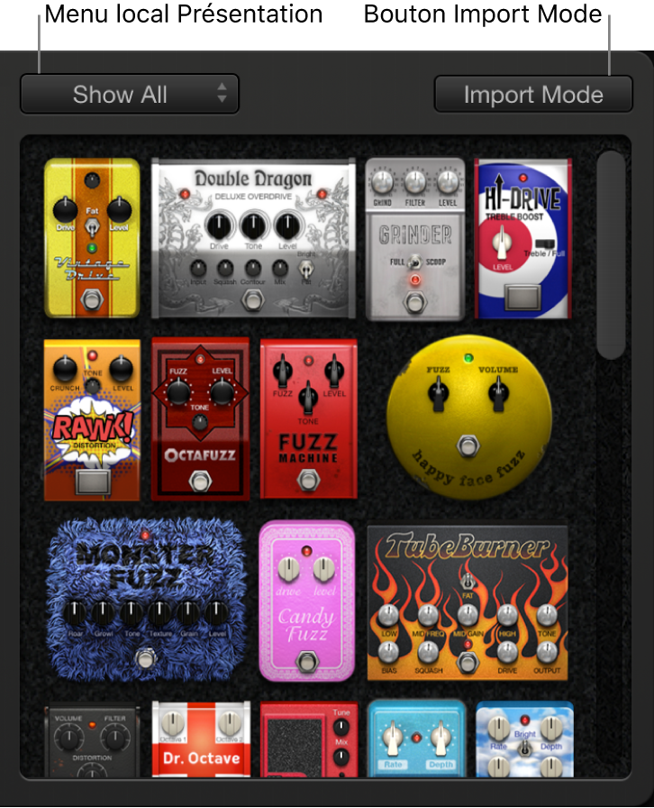 Figure. Navigateur de pédale affichant le menu local de présentation et le bouton Import Mode.