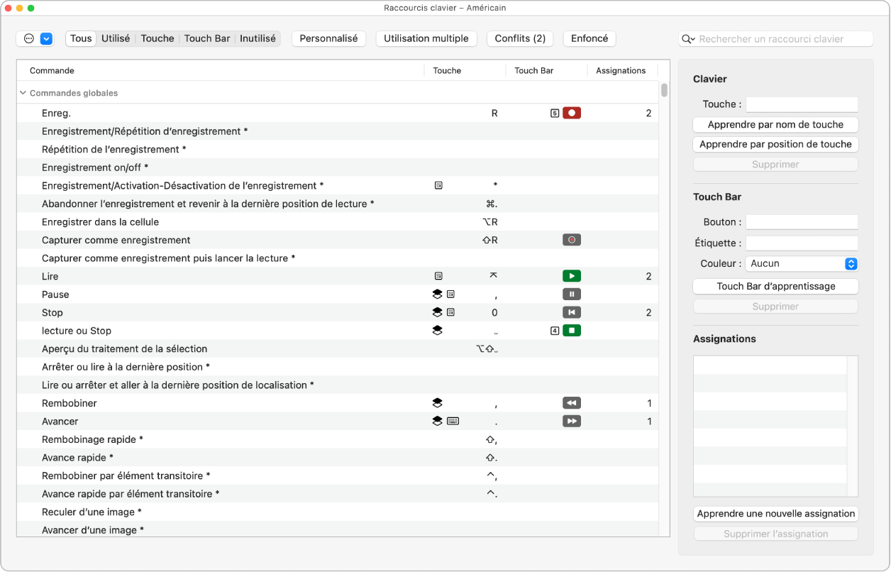 Figure. Fenêtre Raccourcis clavier.