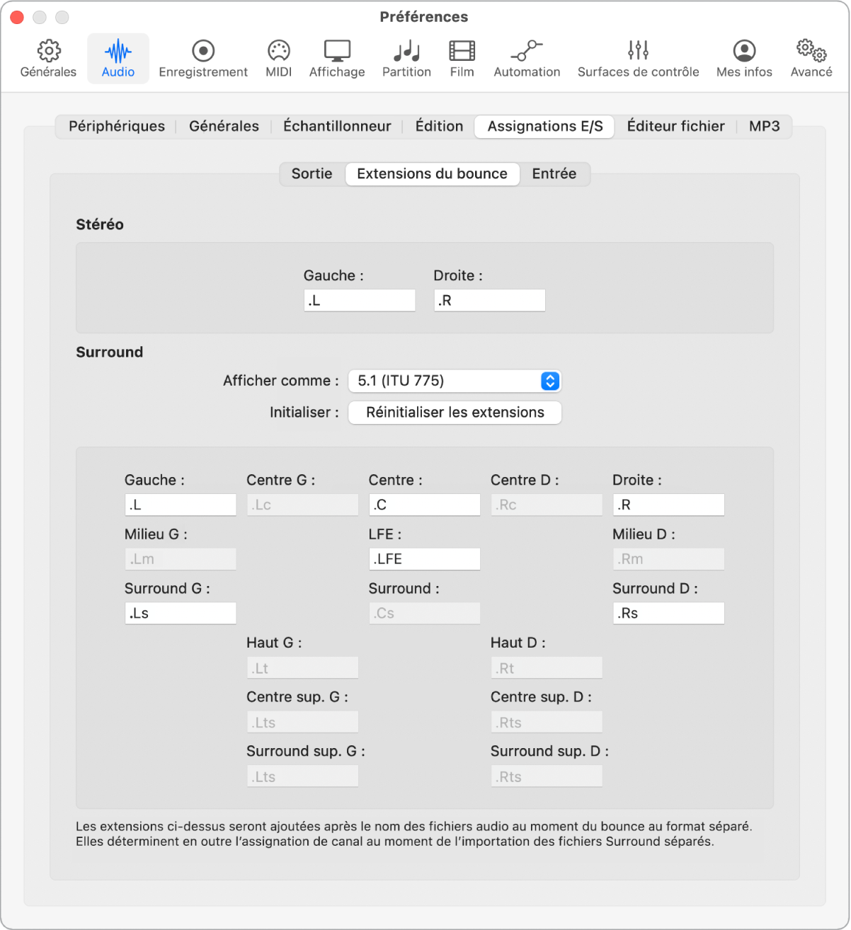 Figure. Préférences Extensions du bounce.