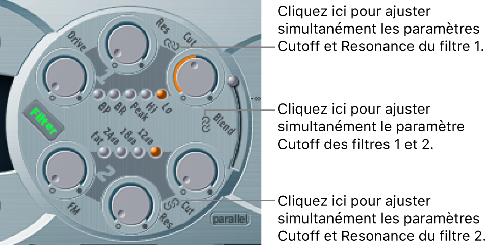 Figure. Paramètres de filtre avec icônes de chaîne entre des paramètres et des filtres pour indiquer la possibilité de contrôler simultanément plusieurs paramètres.