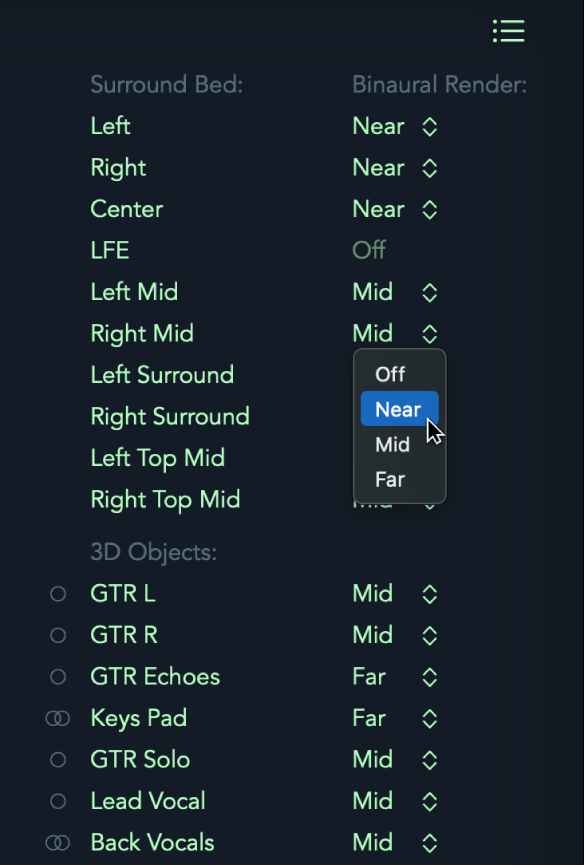 Figure. Menu local du mode de rendu binaural :