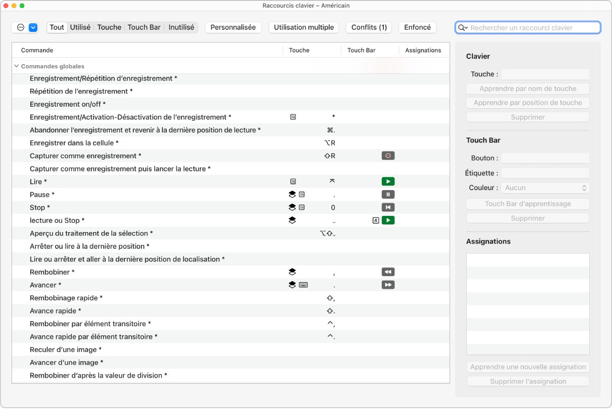 Figure. Fenêtre Raccourcis clavier.