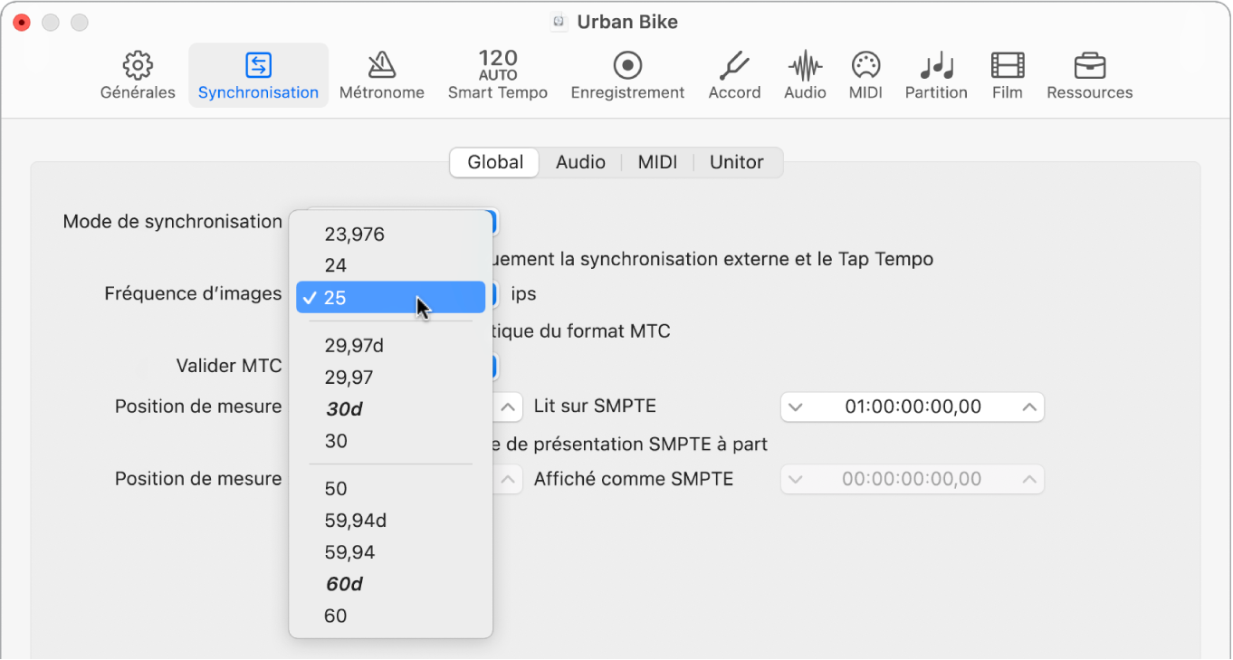 Figure. Menu local Fréquence d’images affiché dans les réglages de synchronisation du projet.