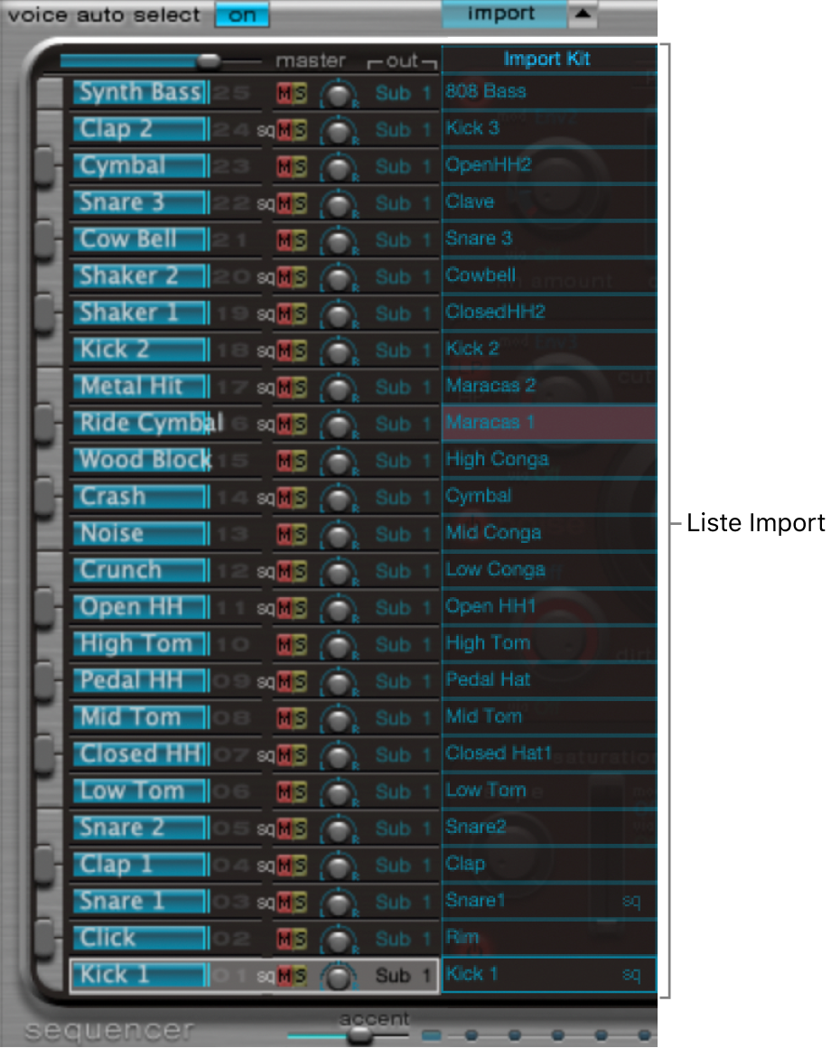 Figure. Liste de sons dans la section Assignment et dans la liste d’importation.