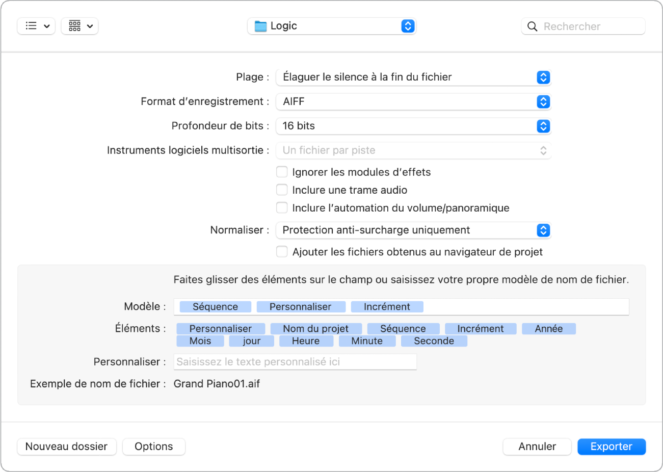 Figure. Zone de dialogue Région comme fichier audio.