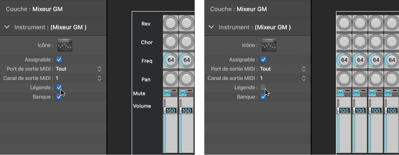 Figure. Case Légende de la table de mixage GM cochée et décochée.