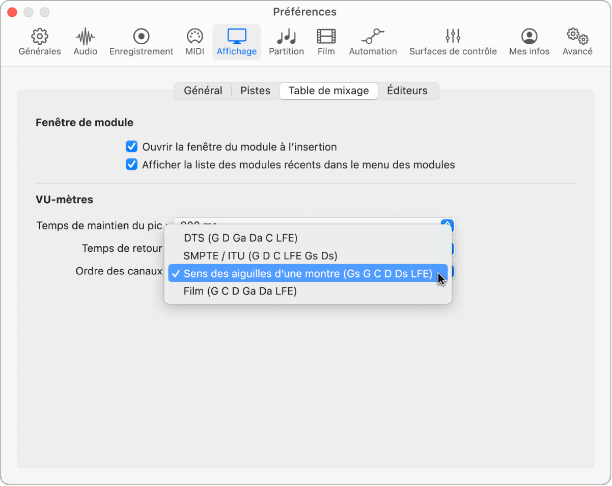 Figure. Sous-fenêtre des préférences d’affichage de la table de mixage.
