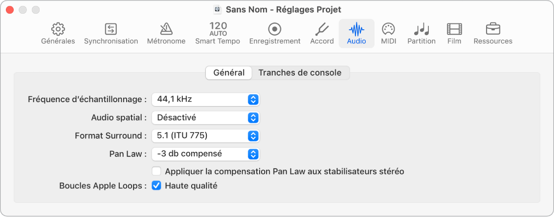 Figure. Réglages audio.