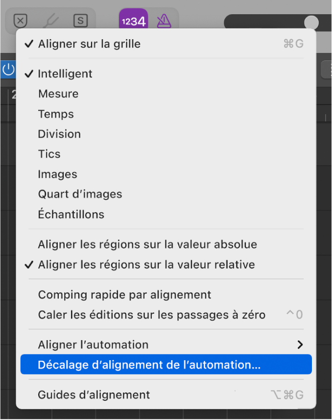 Figure. Pointeur placé sur la commande du menu local Alignement.