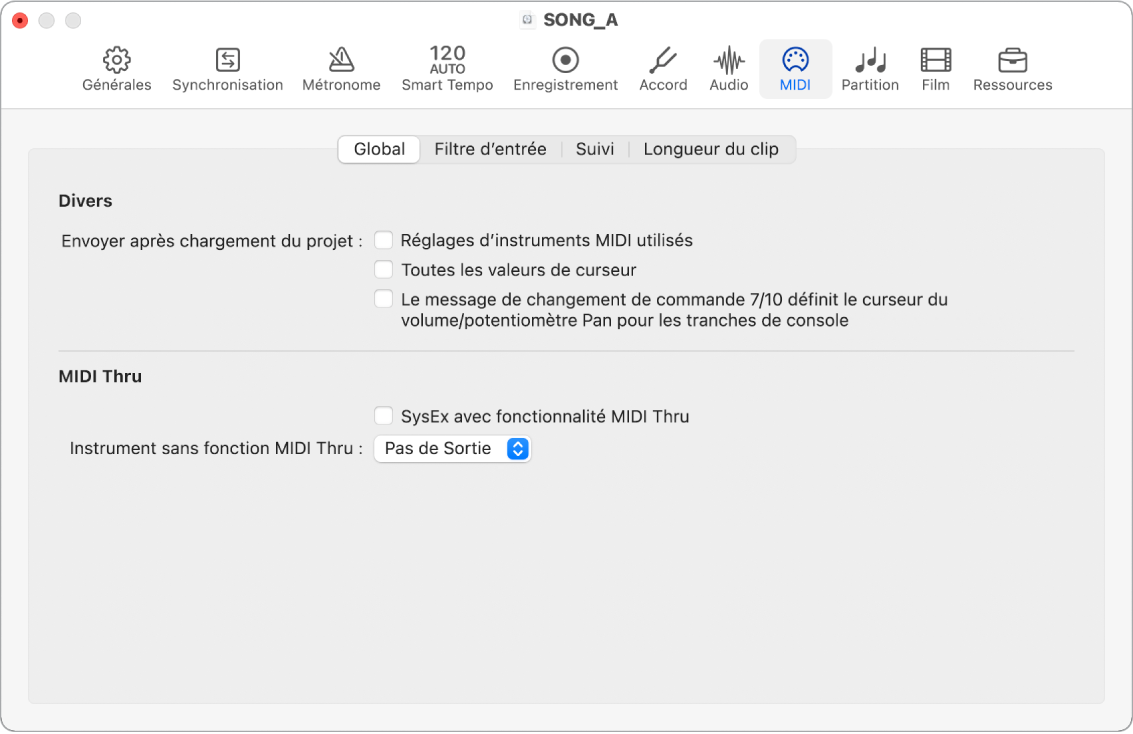 Figure. Réglages General MIDI.