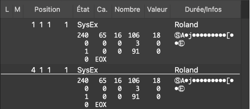 Figure. Liste d’évènements affichant des évènements SysEx.