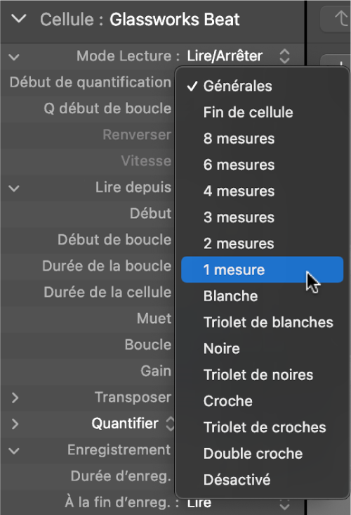 Figure. Menu local Début de quantification dans l’inspecteur de cellule.