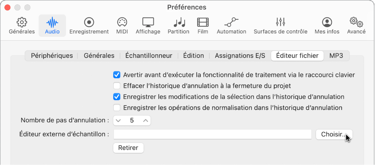 Figure. Sous-fenêtre Éditeur d’échantillons dans les préférences Audio.