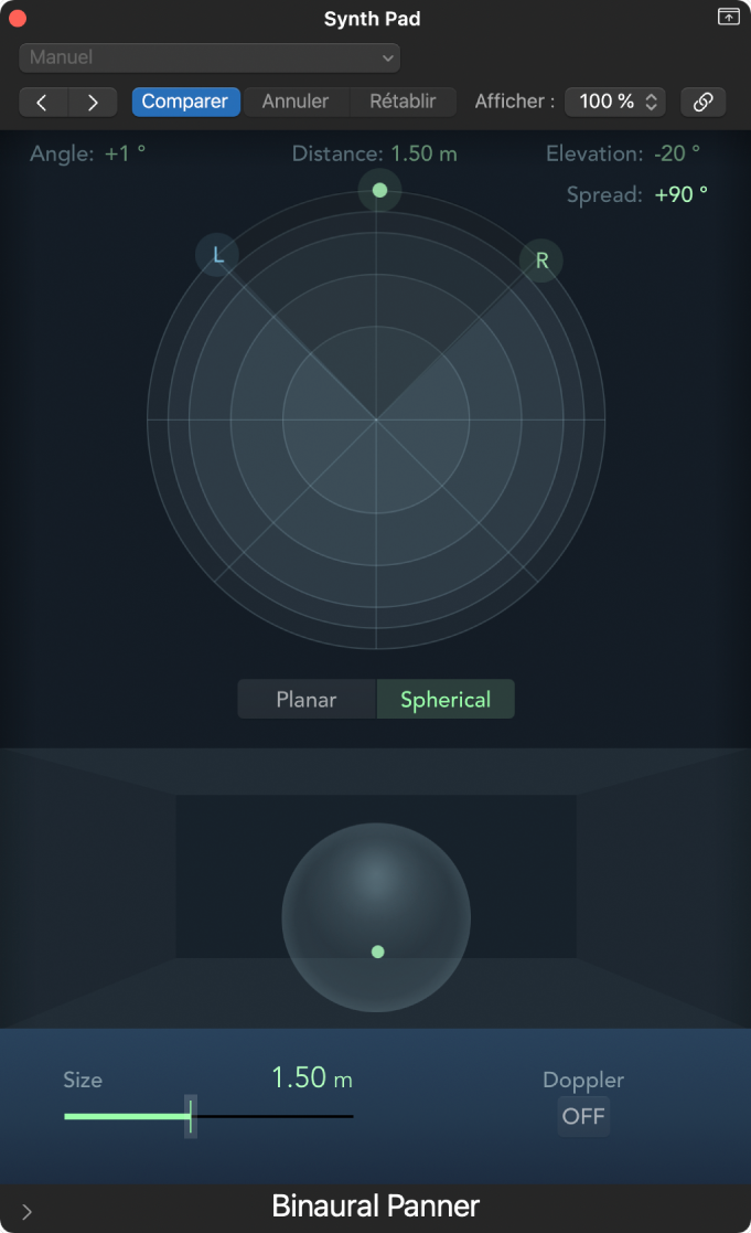 Figure. Mode sphérique dans la fenêtre de l’outil Binaural Panner.