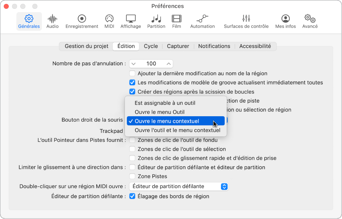 Figure. Menu « Bouton droit de la souris » dans la sous-fenêtre Édition des préférences Général.