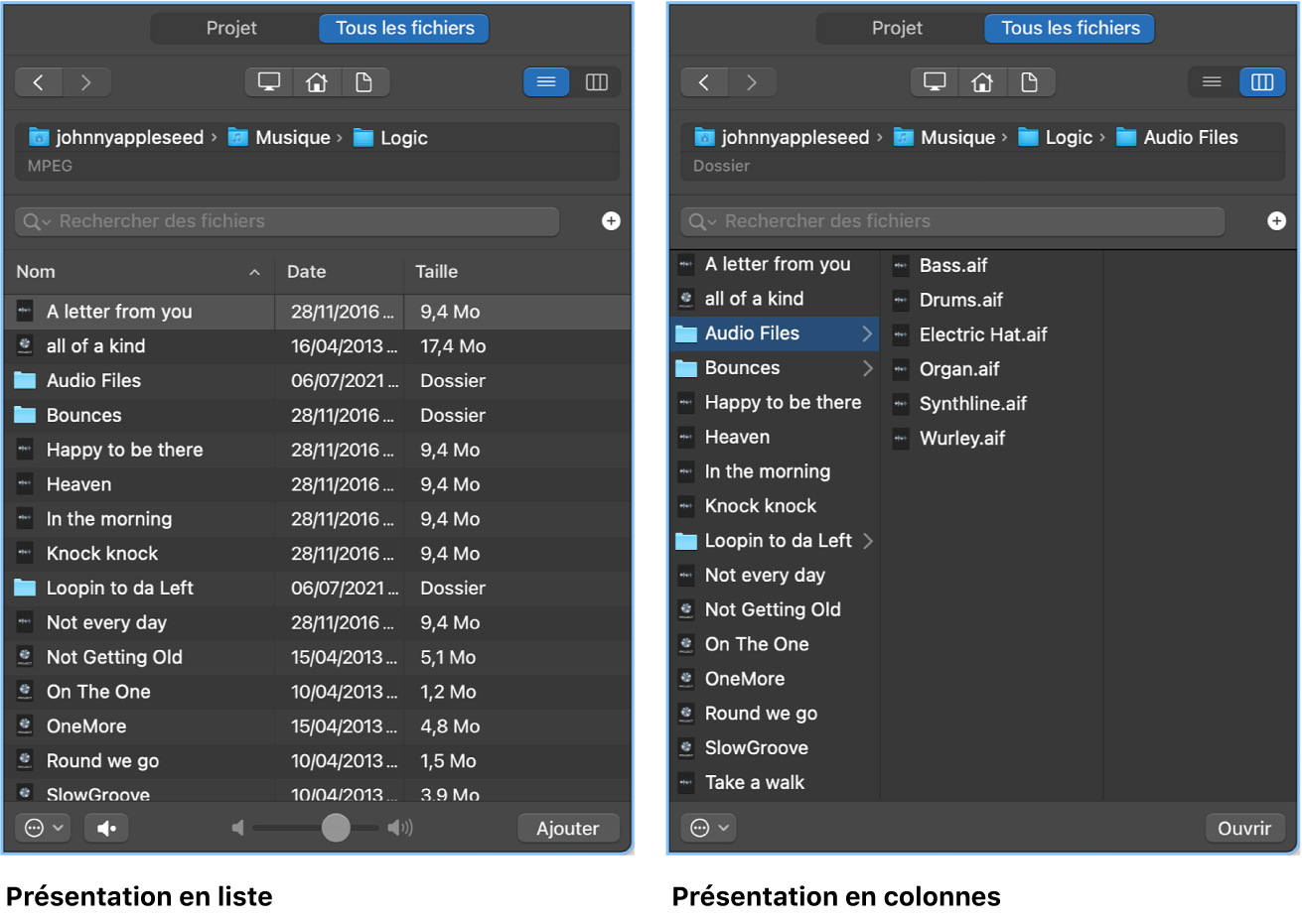 Figure. Présentation en liste et présentation en colonnes dans le navigateur Tous les fichiers.