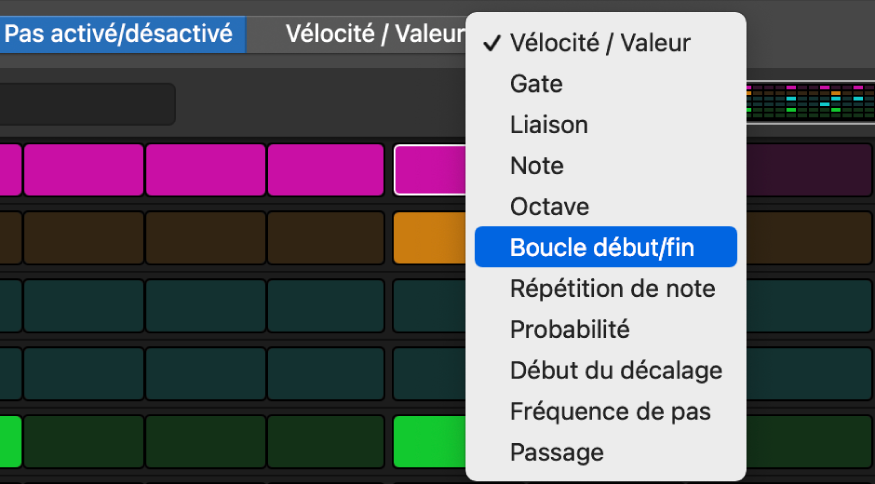 Sélecteur du mode d’édition du séquenceur pas à pas montrant les différents modes.