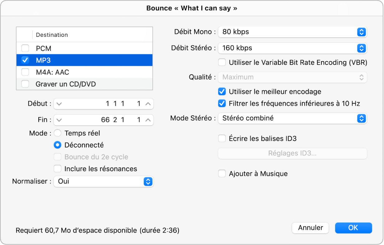 Figure. Options MP3 dans la fenêtre Bounce.