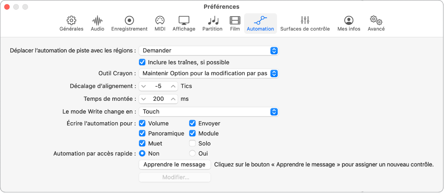 Figure. Préférences d’automation