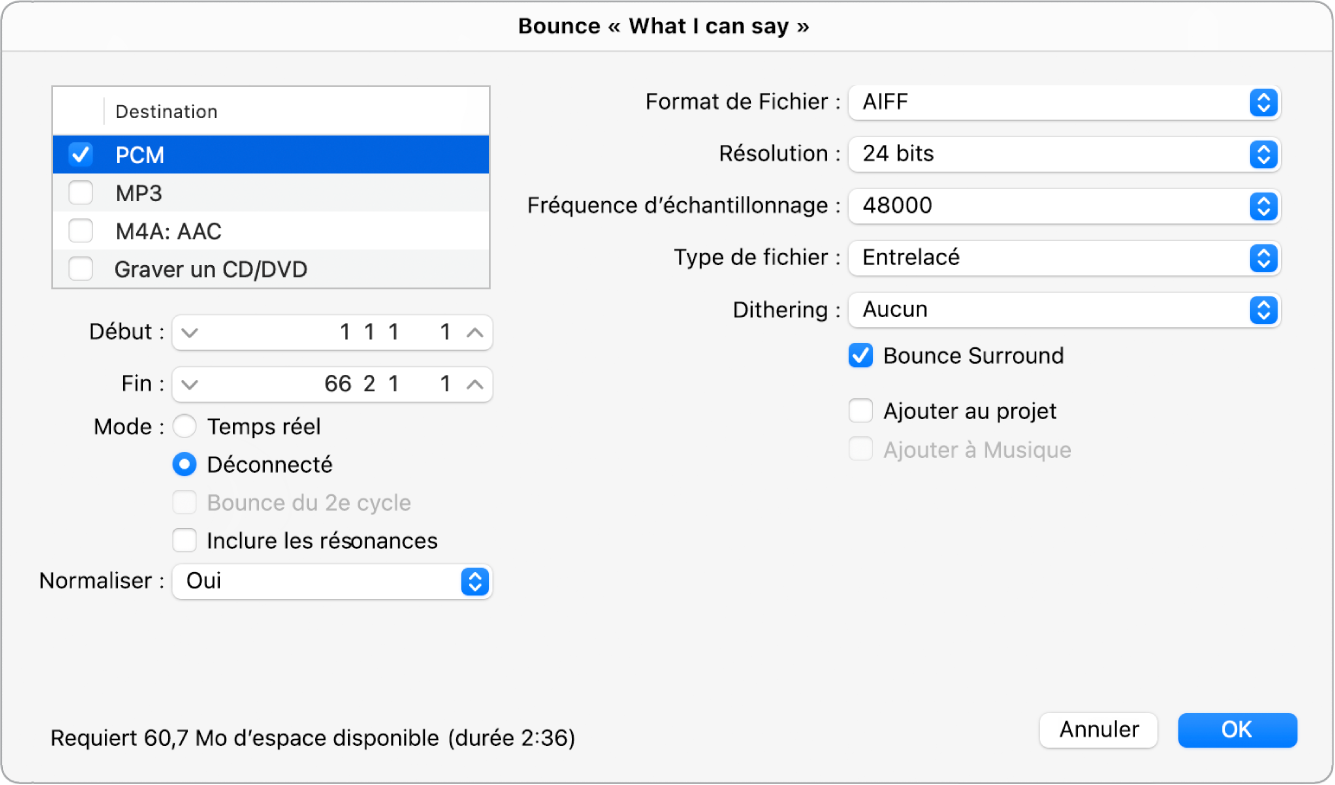 Figure. Options PCM dans la fenêtre Bounce.