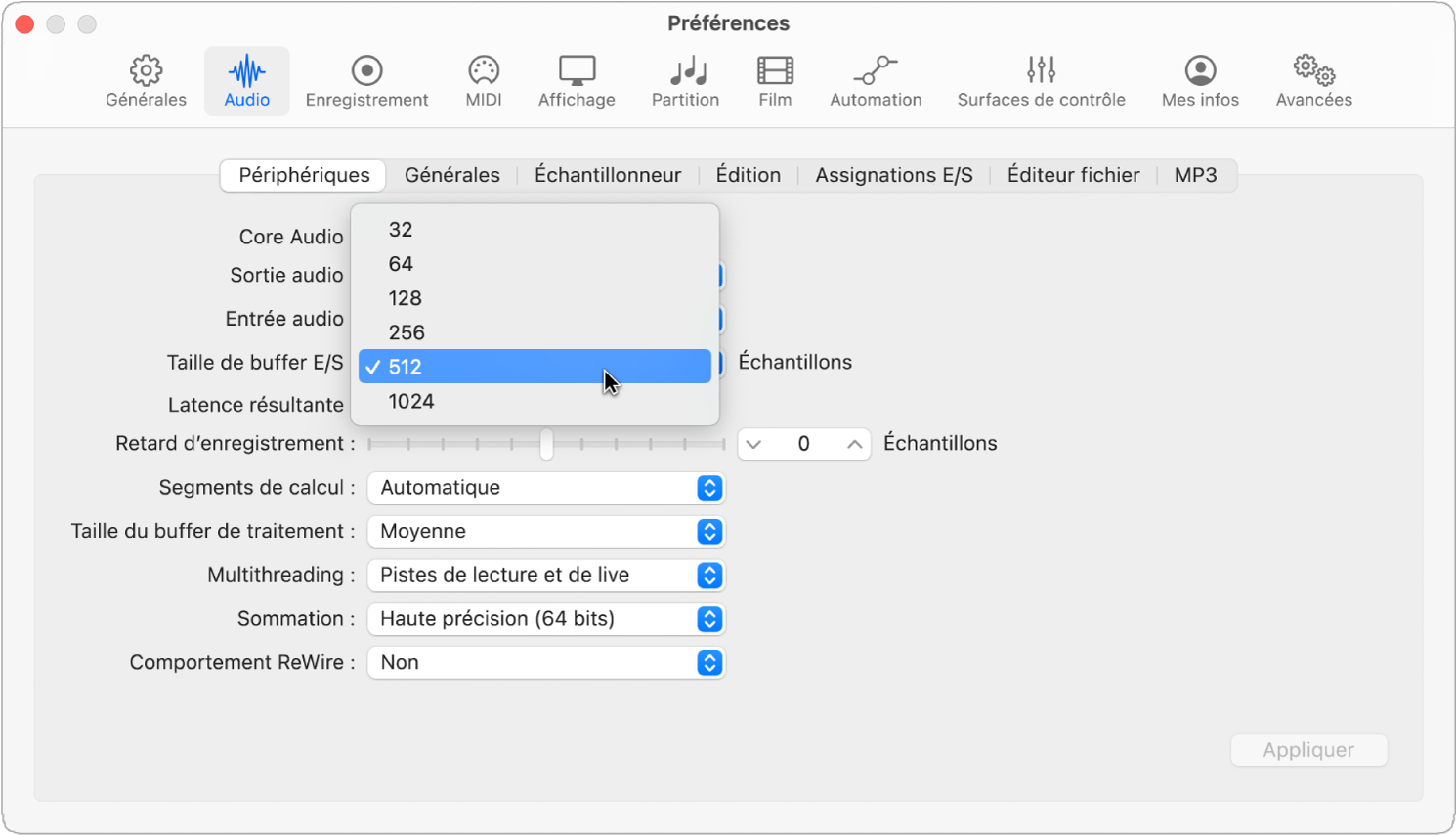 Figure. Réglage de la taille de buffer E/S dans les préférences de Logic Pro.