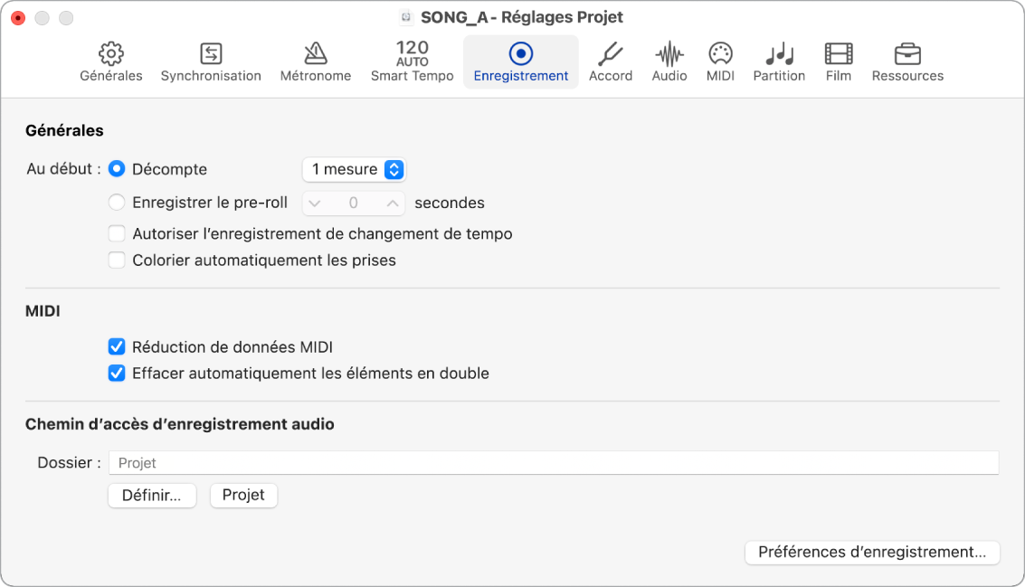 Figure. Réglages d’enregistrement.