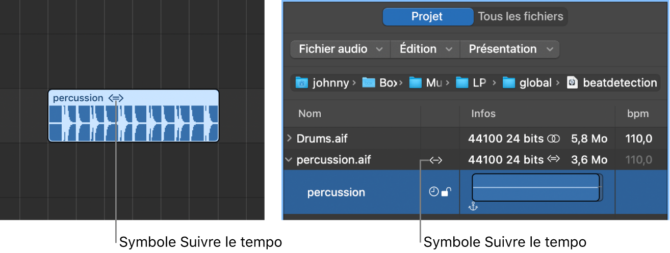 Figure. Symbole Suivre le tempo sur une région audio et dans le navigateur audio du projet.