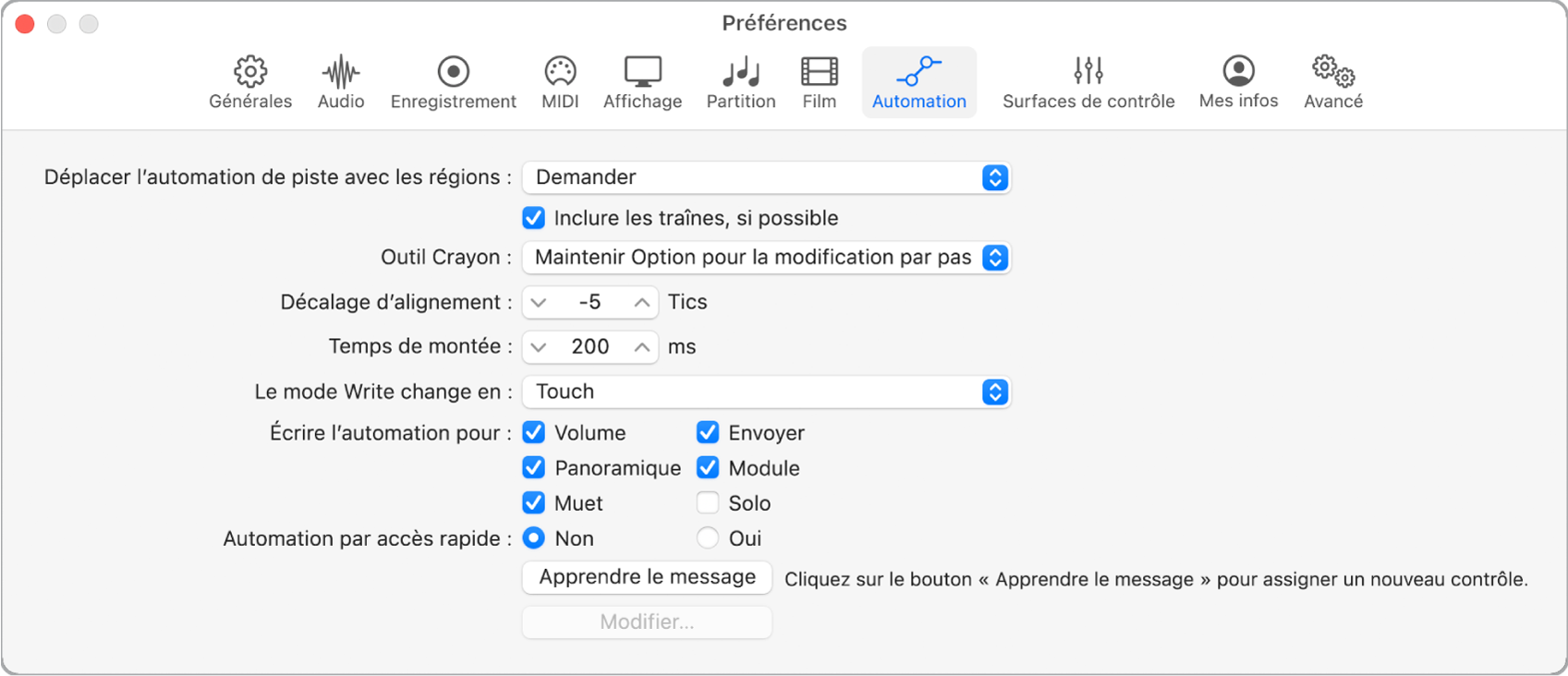 Figure. Préférences d’automation