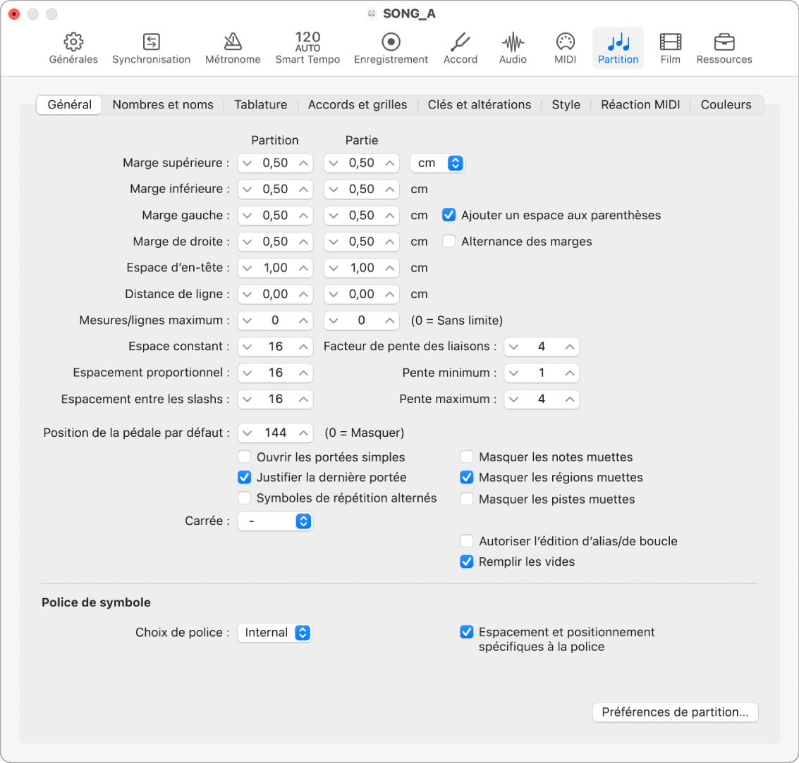 Figure. Réglages de partition généraux.
