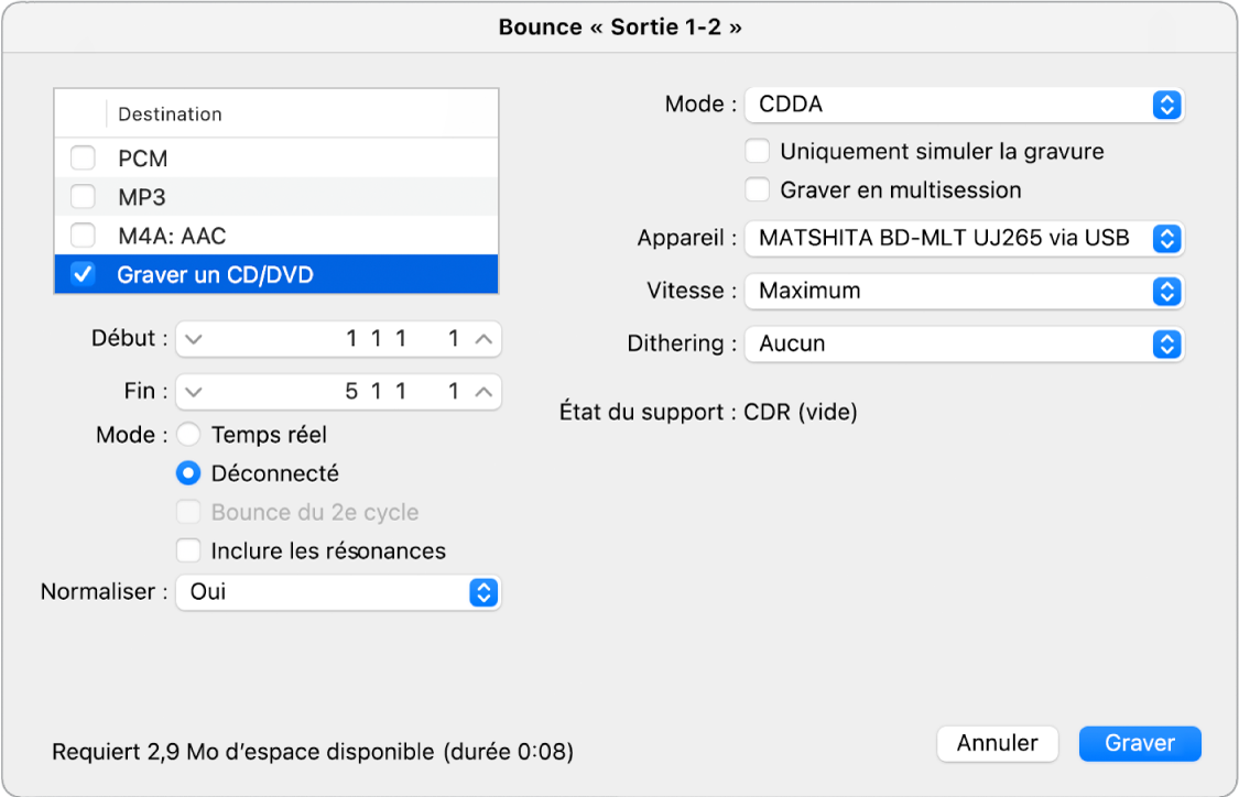 Figure. Options de gravure dans la fenêtre Bounce.