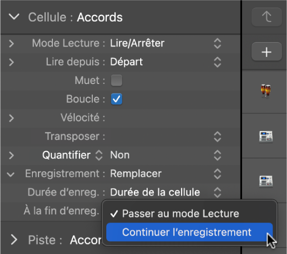 Figure. Menu local des réglages « À la fin d’enreg. » dans l’inspecteur de cellule.