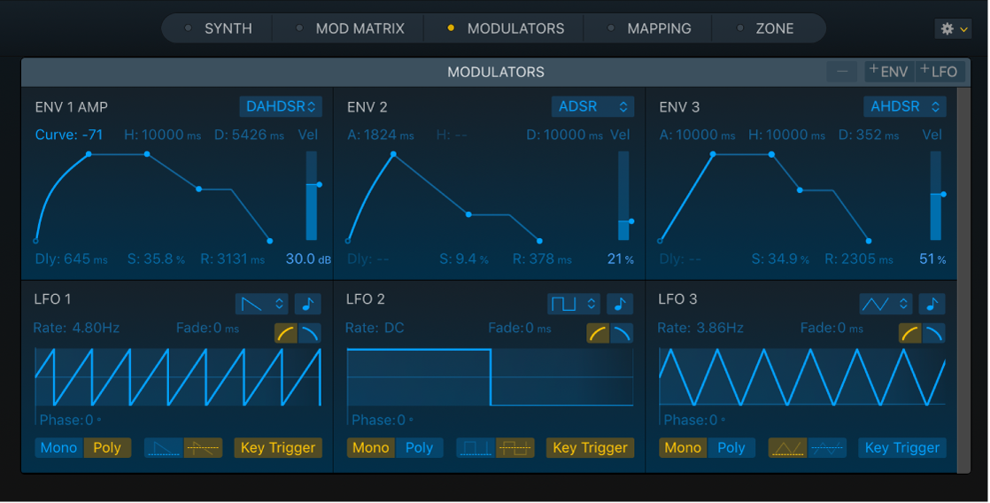 Figure. Sous-fenêtre Modulators de Sampler montrant les paramètres Envelope et LFO.