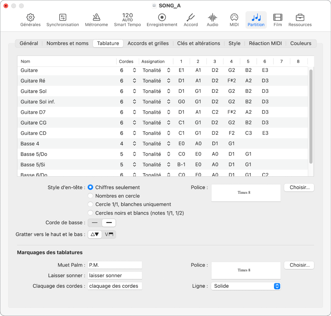 Figure. Réglages de tablature de la partition.