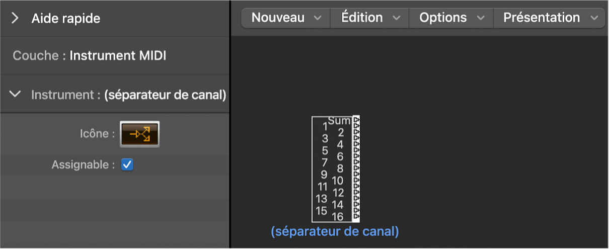 Figure. Fenêtre Environnement affichant un objet Séparateur de canal et son inspecteur.