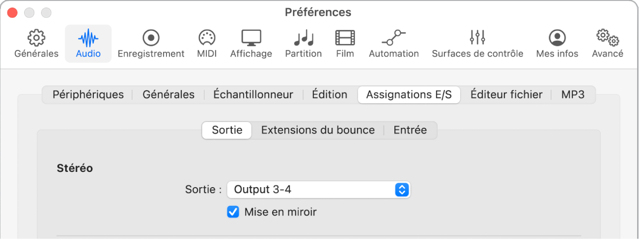 Figure. Section Sortie de la sous-fenêtre Attributions E/S des préférences audio.